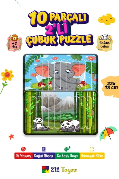 Eğitici Öğretici Sevimli Fil+Sevimli Panda Dikey 10 Parçalı Ahşap Çubuk Yap Boz Puzzle 2li Set ürün görseli 1