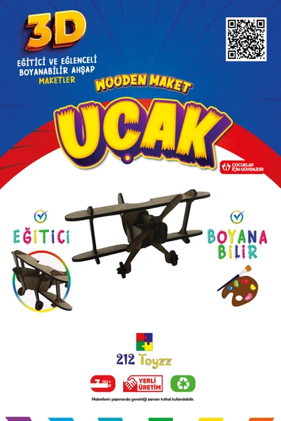 3D Boyanabilir Ahşap Savaş Uçağı Maketi - Çocuklar İçin Eğitici Oyuncak ürün görseli 1
