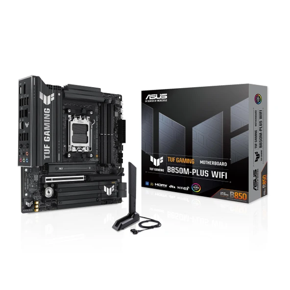 ASUS TUF Gaming B850M-PLUS WiFi AMD AM5 B850 mATX anakart, 14+2+1 80A DrMOS Aşamaları, DDR5, PCIe 5.0, 3X M.2, Wi-Fi 6E, 2,5Gb LAN, DP, HDMI™, USB 10Gbps & 20Gbps Type-C®, BIOS Flashback™, Aura Sync ürün görseli 1