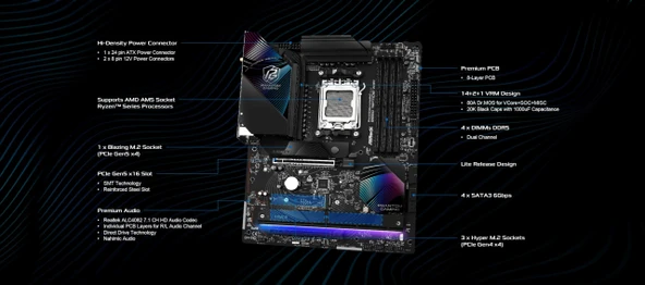 MB ASRock AMD AM5 B850 Riptide WiFi - Resim 3