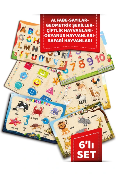 ahşap eğitici öğretici sevimli ALFABE SEKILLER ÇİFTLİK HAYVANLARI OKYANUS CAN SAFARİ HAY 6 PARÇA ürün görseli 1