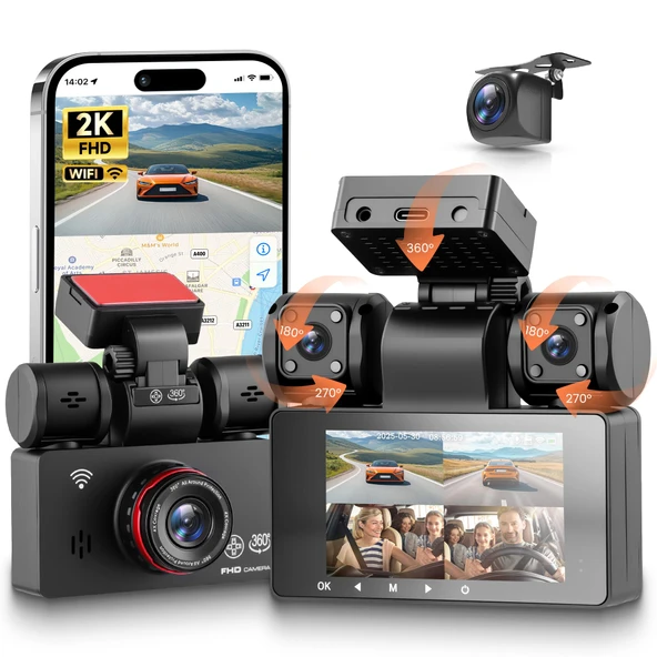 360° 4 kanallı araç kamerası araç ön ve arka sol sağ 2K+1080P, 3" IPS ekran, IR gece görüşlü WiFi araç kamerası, WDR, APP kontrolü, G-sensörü, döngü kaydı, 7/24 park izleme, park yardımı ürün görseli 1