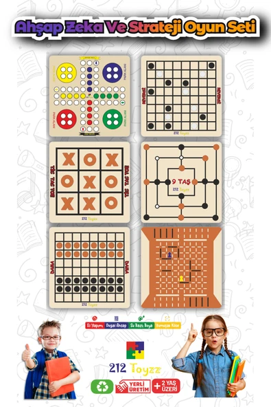 Ahşap Zeka Ve Strateji Oyun Seti 6 ad reversi-kızma birader-dama-tic toc toe-koridor oyunu ürün görseli 1