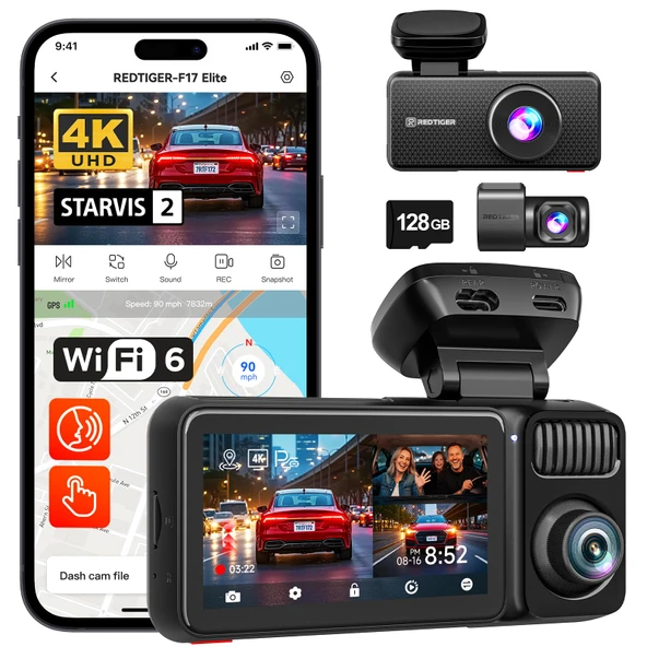 REDTIGER F17 Elite 4K 3 Kanal Araç Kamerası Araba, STARVIS 2 IMX678 ve IMX 675, 128GB Kart, Tam Gece Renkli, 4K+2.5K+1080P Ön ve Arka İç Mekan, Ses Kontrolü, 5GHz WiFi 6, GPS, HDR, Park Modu ürün görseli 1