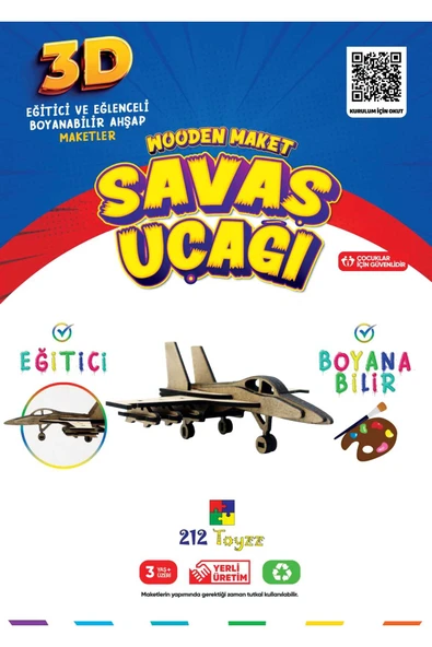 3D Boyanabilir Ahşap savaş  Uçak Maketi  F-16- Çocuklar İçin Eğitici Oyuncak ürün görseli 1