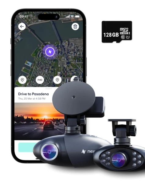 Nexar Profesyonel GPS | Çift Araç Kamerası Sistemi | 128 GB | Yeni model 2021 | SD kart dahil | Sokak ve iç mekan fotoğrafçılığı | Sınırsız bulut depolama | Park modu | Wifi ürün görseli 1