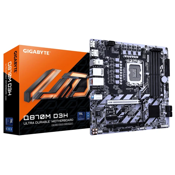 GIGABYTE Q870M D3H anakart - Intel Core Ultra (Seri 2) CPU'lar, 4+1+2 fazlı VRM, 9066MHz'e kadar DDR5 (O.C), 2xPCIe 4.0 M.2, 1GbE LAN, USB 3.2 Gen 2 ürün görseli 1