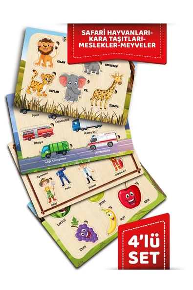 ahşap eğitici öğretici sevimli 4 LÜ SET HAYVANLAR KARA TAŞITLARI MESLEKLER MEYVELER 4 PARÇA ürün görseli 1