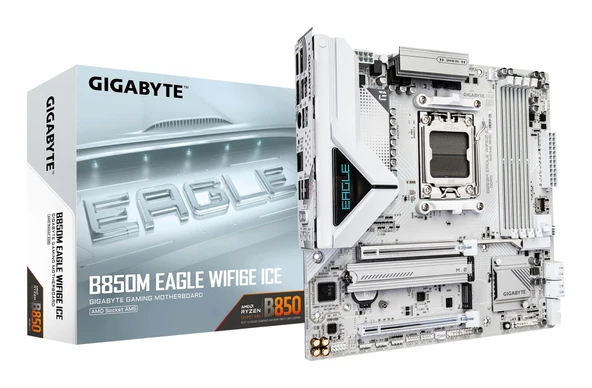 GIGABYTE B850M Eagle WIFI6E Ice anakart - AMD Ryzen 9000 serisi CPU'ları, dijital 8+2+2 fazlı VRM'yi, 8200 MHz'e kadar DDR5 (OC), 1 x PCIe 5.0 + 1 x PCIe 4.0 M.2, Wi-Fi 6E, 2.5 GbE LAN'ı destekler ürün görseli 1