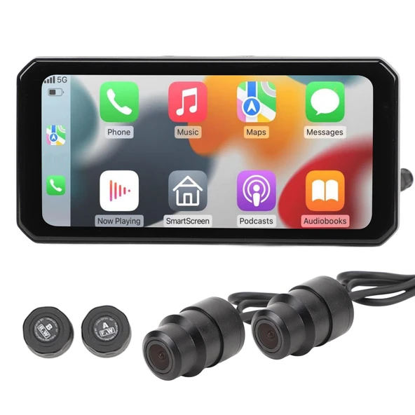 1440P Çift Kamera, Motosiklet Araç Kamerası, 6,25" Dokunmatik Ekran, IP67 Su Geçirmez Kameralar, Ön ve Arka Sürüş Kaydedici Araç Kamerası, GPS, Lastik Basıncı İzleme ürün görseli 1