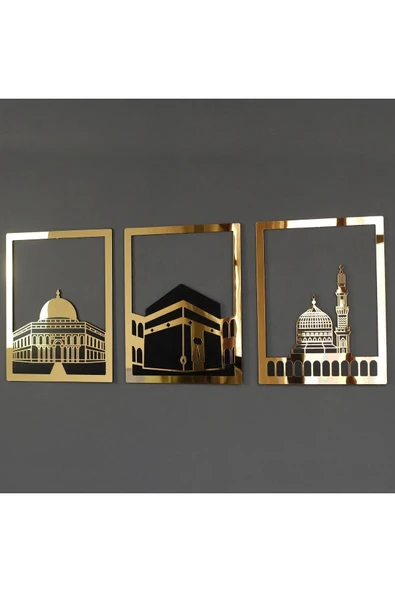 Şıkşok Mescid-i Aksa Mescid-i Haram & Mescid-i Nebevi Kare 3'lü Set Islami Dekor ürün görseli 1