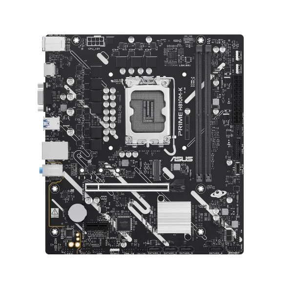 ASUS PRIME H810M-K Intel H810 LGA1851 micro-ATX anakart (Gelişmiş AI PC'ye hazır, DDR5 yuvaları, PCIe 4.0, HDMI, VGA, USB 5Gbps h., USB 5Gbps Type-C v., M.2 yuvası, Realtek 1Gb Ethernet, Aura Sy ürün görseli 1
