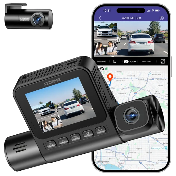 AZDOME S58 3 Kanallı Araç Kamerası Araç Ön Arka İç Mekan, 4G LTE Canlı Yayın ile 2,5K+1K+1K, Dahil. Donanım Seti ve OBD, Park İzleme, GPS, WiFi 6, WDR, G-Sensor ürün görseli 1