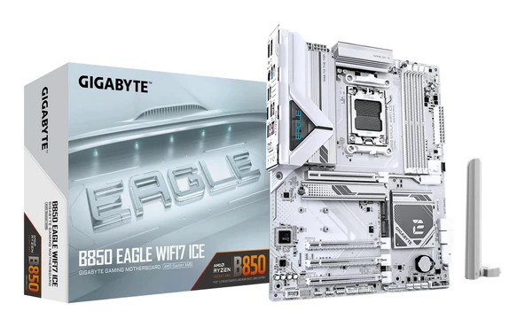 GIGABYTE B850 Eagle WIFI7 Ice anakart - AMD Ryzen 9000 serisi işlemciler, dijital 8+2+2 fazlı VRM, 8200 MHz'e kadar DDR5 (O.C.), 1x PCIe 5.0 + 2X PCIe 4.0 M.2, Wi-Fi 7, 2.5 GbE LAN, USB 3.2 Gen 2 ürün görseli 1