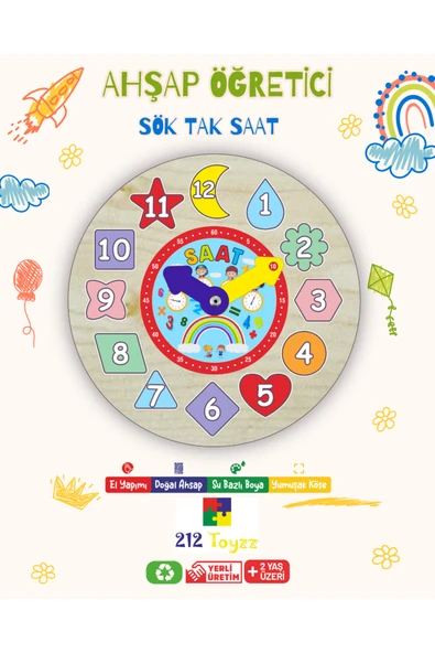 Eğitici Saat Ahşap Puzzle Geomterik Şekiller Bultak Öğretici Çocuk Saati ürün görseli 1