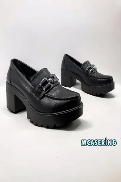 MCASERING Yüksek Taban Loafer Tokalı Ayakkabı Siyah Cilt Platform Topuk ürün görseli 1