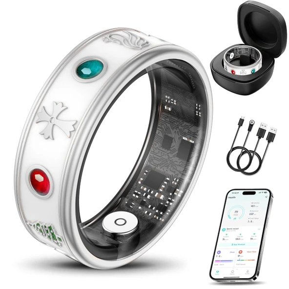 Erkekler için Akıllı Yüzük, Kan Basıncı/Nabız Monitörü ile Fitness ve Aktivite Takip Cihazı, Uyku Takip Cihazı, Adımsayar, iOS ve Android için IP68 Su Geçirmez Yüzük, Hızlı Şarj, Abonelik Yok (Gümüş) ürün görseli 1