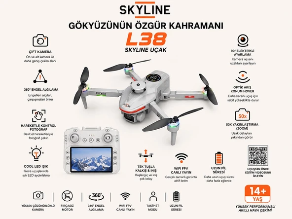 L38 SKYLINE DRONE UÇAK DRON 2.4GHZ 3 LENS 360 DERE ENGEL ALGILAMA TEK TUŞ İNİŞ KALKIŞ 50X ZOOM OPTİK AKIŞ KONUM HOVER ürün görseli 1