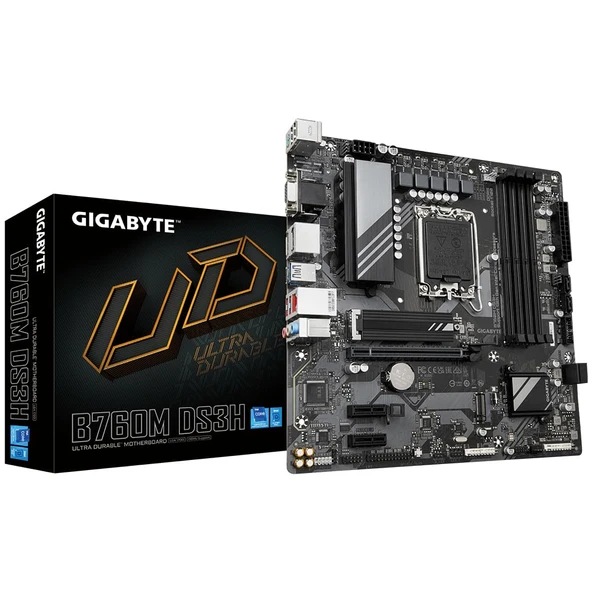 GIGABYTE B760M DS3H anakart - 14. nesil Intel Core işlemcileri, 6+2+1 fazlı dijital VRM'yi, 7600 MHz'e kadar DDR5 (OC), 2X PCIe 4.0 M.2, 2.5GbE LAN, USB 3.2 Gen'i destekler ürün görseli 1