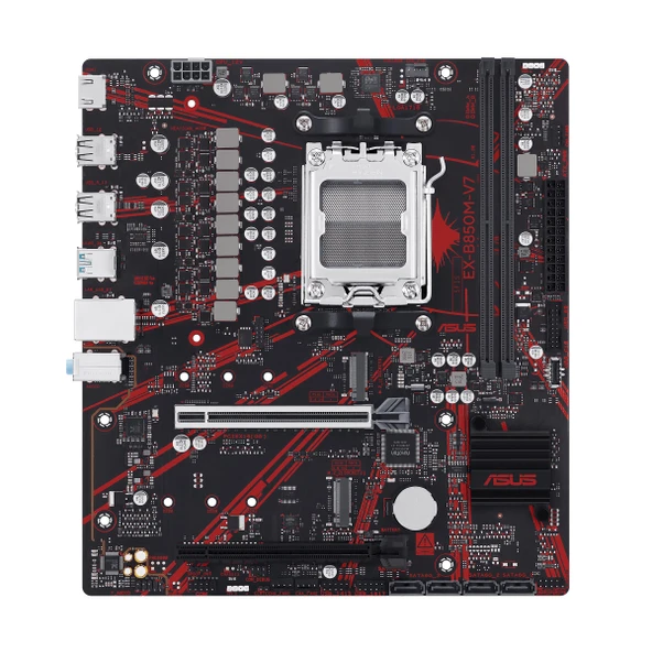 ASUS EX-B850M-V7, anakart AMD Micro-ATX, DDR5 yuvası, PCIe 5.0 Ready, iki M.2 yuvası, Ethernet Realtek 5 GB, HDMI 2.1, SATA 6 Gbit/s, 10 Gbit/s ile arka USB bağlantı noktaları ve 5 ile ön USB-C ürün görseli 1