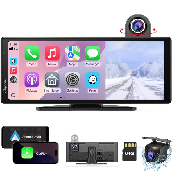 CARPURIDE Kablosuz Carplay ve Araç Kameralı Android Auto - 10,26" HD IPS Araç Dokunmatik Ekranı, 4K Ön ve 1080P Arka Kamera, Döngü Kayıt, Bluetooth Ses, Ayna Bağlantısı, GPS, Siri ürün görseli 1