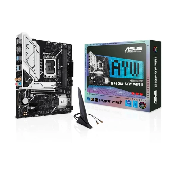 ASUS B760M-AYW WiFi II, anakart Intel mATX, LGA 1700, DDR5 yuvası, PCIe 5.0, iki M.2 yuvası, Ethernet Realtek 2,5 GB, Wi-Fi 6, HDMI 2.1, SATA 6 Gbit/s, ön USB bağlantı noktaları 5 Gbit/s, Aura ürün görseli 1