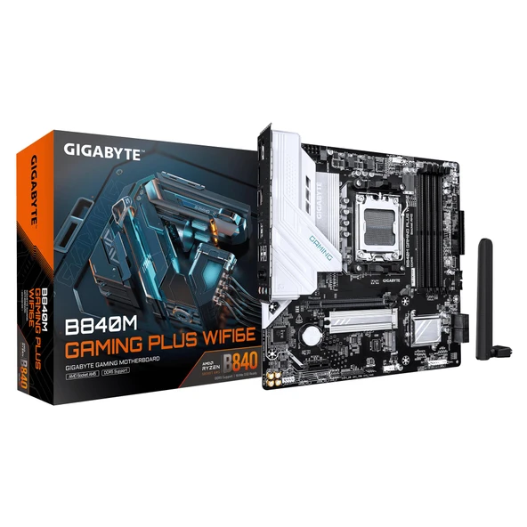 GIGABYTE B840M Gaming Plus WIFI6E anakart - AMD Ryzen 9000 CPU'lar, 8+2+2 fazlı VRM, 8200 MHz'e kadar DDR5 (O.C.), 2× PCIe 4.0 M.2, Wi-Fi 6E, 1 GbE LAN, USB 3.2 Gen 2 ürün görseli 1