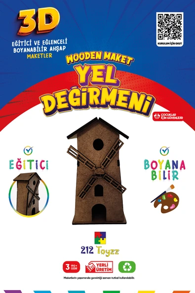 3D Boyanabilir Ahşap Yel Değirmen Maketi - Çocuklar İçin Eğitici Oyuncak ürün görseli 1
