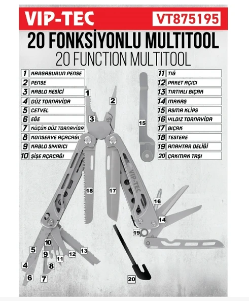 Vip-tec VT875195 20 Parça Multifonksiyonel Pense/çakı/multitool - Resim 2