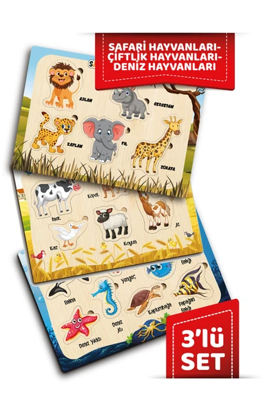 ahşap eğitici öğretici sevimli 3 LÜ SET ÇİFTLİK HAYVANLARI OKYANUS CANLILARI SAFARİ HAY 3 PARÇA ürün görseli 1