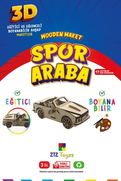 3D Boyanabilir Ahşap Spor Araba Maketi - Çocuklar İçin Eğitici Oyuncak ürün görseli 1