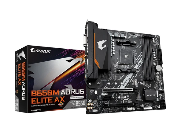 GIGABYTE B550M AORUS Elite AX anakart - AMD Ryzen 5000 CPU, 5+3 fazlı VRM, 4733 MHz'e kadar DDR4, 1xPCIe 4.0 + 1xPCIe 3.0 M.2, Wi-Fi 6E, 1GbE LAN, USB 3.2 Gen 1 ürün görseli 1