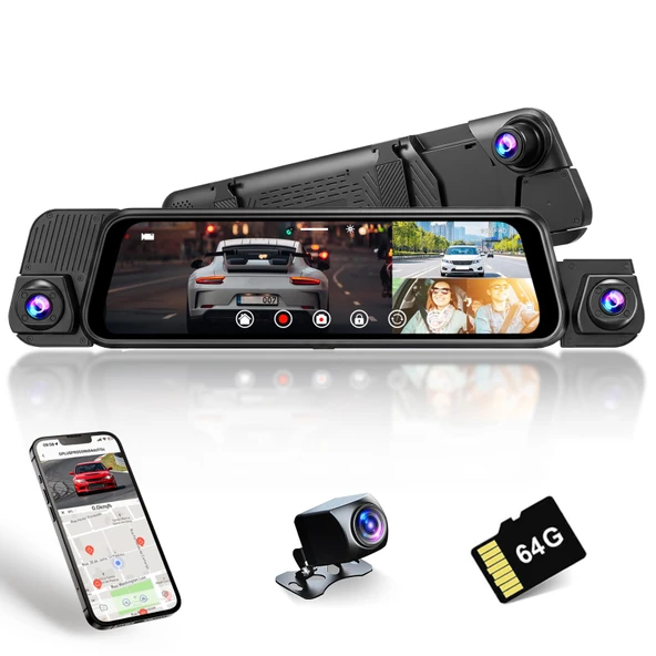 4 kanallı aynalı araç kamerası 1080P, arka görüş kameralı, 9,7 inç IPS dokunmatik ekranlı WiFi araç kamerası, döngü kaydı, gece görüşü IR ve G-sensörü, akışlı dikiz aynası, ücretsiz 64 GB kart ürün görseli 1