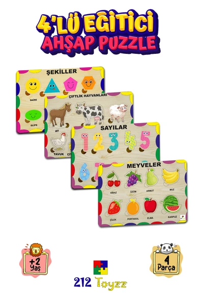 Ahşap Oyuncak Eğitici Öğretici Puzzle Yapboz Meyve Sebze Sayı Türkçe 4’lü Mega Set ürün görseli 1