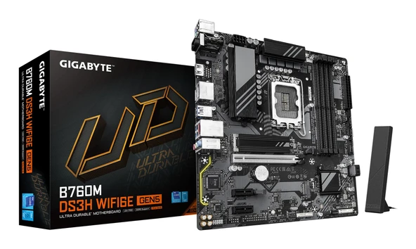 GIGABYTE B760M DS3H WIFI6E GEN5 anakart - 14. nesil Intel Core işlemcileri, 6+2+1 fazlı dijital VRM'yi, 5600 MHz DDR5'e kadar, 2 x PCIe 4.0 M.2, Wi-Fi 6E, 2.5 GbE LAN, USB 3.2 Gen2'yi destekler ürün görseli 1