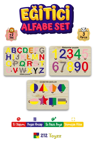 Ahşap Puzzle Alfabe Set 3'ü 1 Arada Alfabe-geometri-sayılar Sök-tak ürün görseli 1