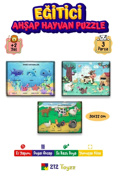 Ahşap Eğitici Öğretici Yapboz 3lü Set Deniz Hayv-çiftlik Hayv.koyun Puzzle ürün görseli 1