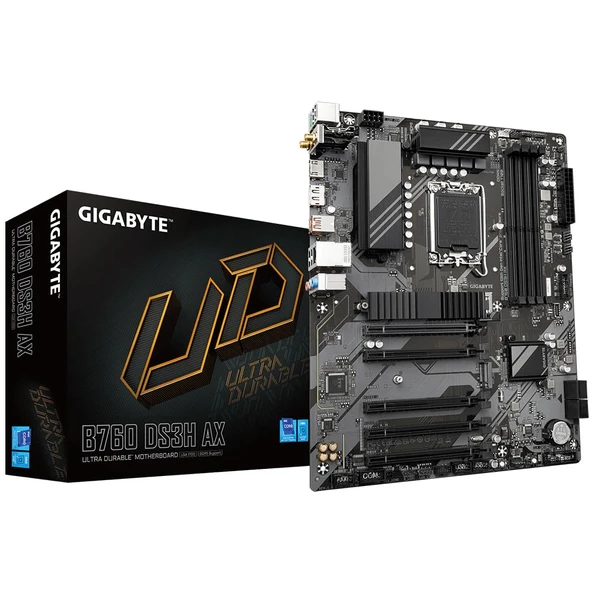 GIGABYTE B760 DS3H AX anakart - 14. nesil Intel Core işlemcileri, 8+2+1 fazlı dijital VRM'yi, 7600 MHz'e kadar DDR5 (OC), 2X PCIe 4.0 M.2, Wi-Fi 6E, GbE LAN, USB 3.2 Gen 2x2'yi destekler ürün görseli 1