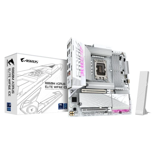 GIGABYTE B860M AORUS Elite WF6E Ice anakart - Intel Core Ultra CPU'lar, 12+1+2+1 fazlı VRM, 9200MHz'e kadar DDR5, 1xPCIe 5.0 + 2xPCIe 4.0 M.2, 2.5 GbE LAN, WiFi 6E, USB 4 ürün görseli 1