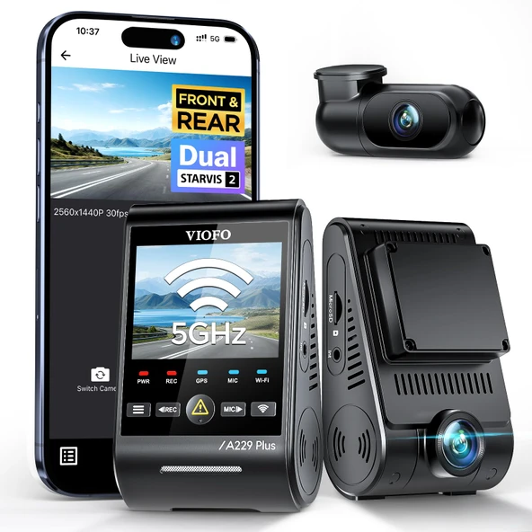VIOFO A229 Plus 2K + 2K Çift STARVIS 2, HDR Ön Arka Araç Kamerası, Ses Kontrolü ve 5 GHz Wi-Fi WLAN Araç Kamerası, Ultra Hassas GPS, Süper Gece Görüşü 2.0, 2,4" Geniş LCD, Ses Çıkışı, 512 GB Maks. ürün görseli 1