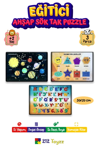 3 Lü Ahşap Çocuk Puzzle Ve Sök Tak Oyuncak ürün görseli 1