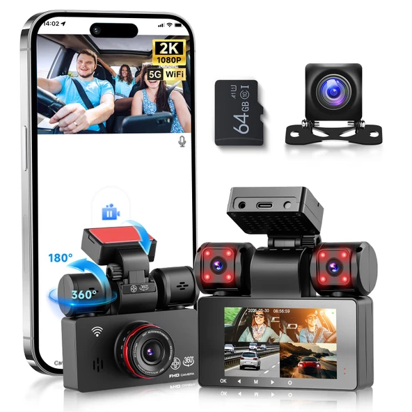VECHTEL 4*Araç Kamerası 1080P Araç Kamerası WiFi ile Araç Ön Arka, 3 İnç IPS Ekranlı 2K Araç Kamerası, 24 Saat Park İzleme, Gece Görüşü, G Sensör, 360 Derece Koruma, 64G SD Kart ile ürün görseli 1
