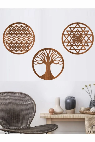 Kahverengi Ahşap Yaşam Çiçeği Sriyantra Ve Torus 3 Lü Set Duvar Tablo ürün görseli 1