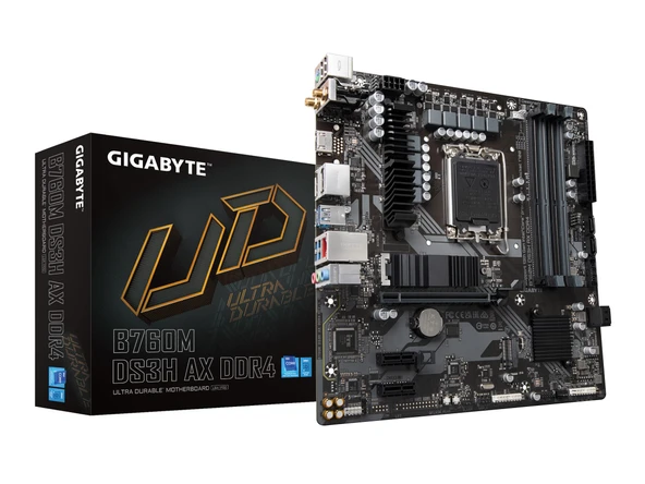 GIGABYTE B760M DS3H AX DDR4 (LGA 1700/ Intel/ B760/ M-ATX/ DDR4/ 2* M.2/ PCIe 4.0/ USB 3.2 Gen 2 Type-C/WiFi 6E/ 2.5GbE LAN/Q-Flash Plus/PCIe EZ-Latch/G. Aming anakart) ürün görseli 1