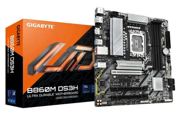 GIGABYTE B860M DS3H anakart - Intel Core Ultra CPU'lar, 5+1+2+1 fazlı VRM, 9066MHz'e kadar DDR5, 1xPCIe 5.0 + 1xPCIe 4.0 M.2, 2.5 GbE LAN, USB 3.2 Gen 2 ürün görseli 1