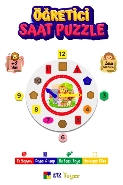 Montessori Renkli Sevimli Hayvanlar Desenli Saat Öğretici Puzzle ürün görseli 1