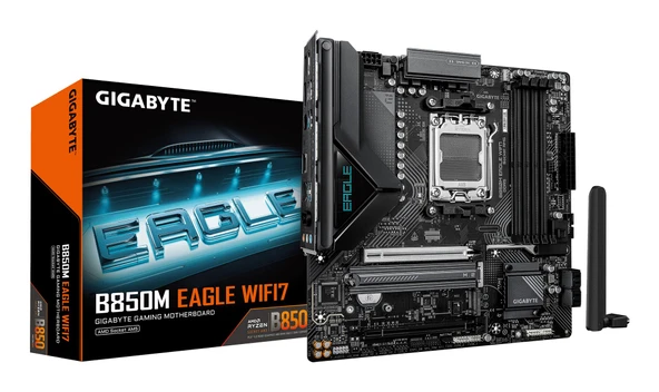 GIGABYTE B850M Eagle WIFI7 anakart - AMD Ryzen 9000 Serisi CPU'lar, dijital 8+2+2 fazlı VRM, 8200 MHz'e kadar DDR5 (O.C.), 1× PCIe 5.0 M.2 + 1× PCIe 4.0 M.2, Wi-Fi 7, 2.5 GbE LAN, USB 3.2 Gen 2 ürün görseli 1