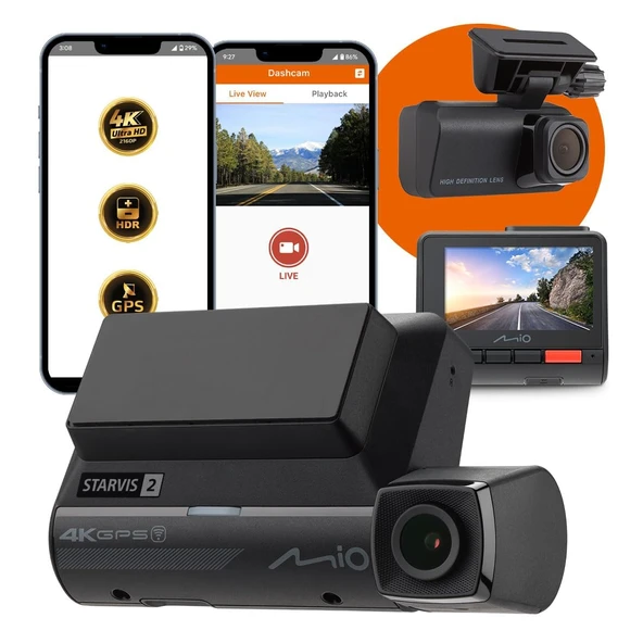 Mio MiVue 955WD Pro Dashcam Car, 4K 3840 x 2160P ön kamera, Full HD 1080P arka kamera, 2,7 inç IPS ekran, WiFi, Çift STARVIS 2 (IMX678, IMX662), GPS, HDR kayıt, 3 yıl garanti ürün görseli 1