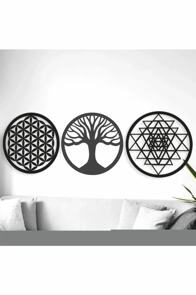 Siyah Ahşap Yaşam Çiçeği Sri Yantra Torus Hayat Ağacı 3'lü Set Duvar Tablosu ürün görseli 1