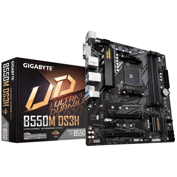 GIGABYTE B550M DS3H anakart - AMD Ryzen 5000 CPU, 5+3 fazlı VRM, 4733 MHz'e kadar DDR4, 1xPCIe 4.0 + 1xPCIe 3.0 M.2, 1GbE LAN, USB 3.2 Gen 1 ürün görseli 1